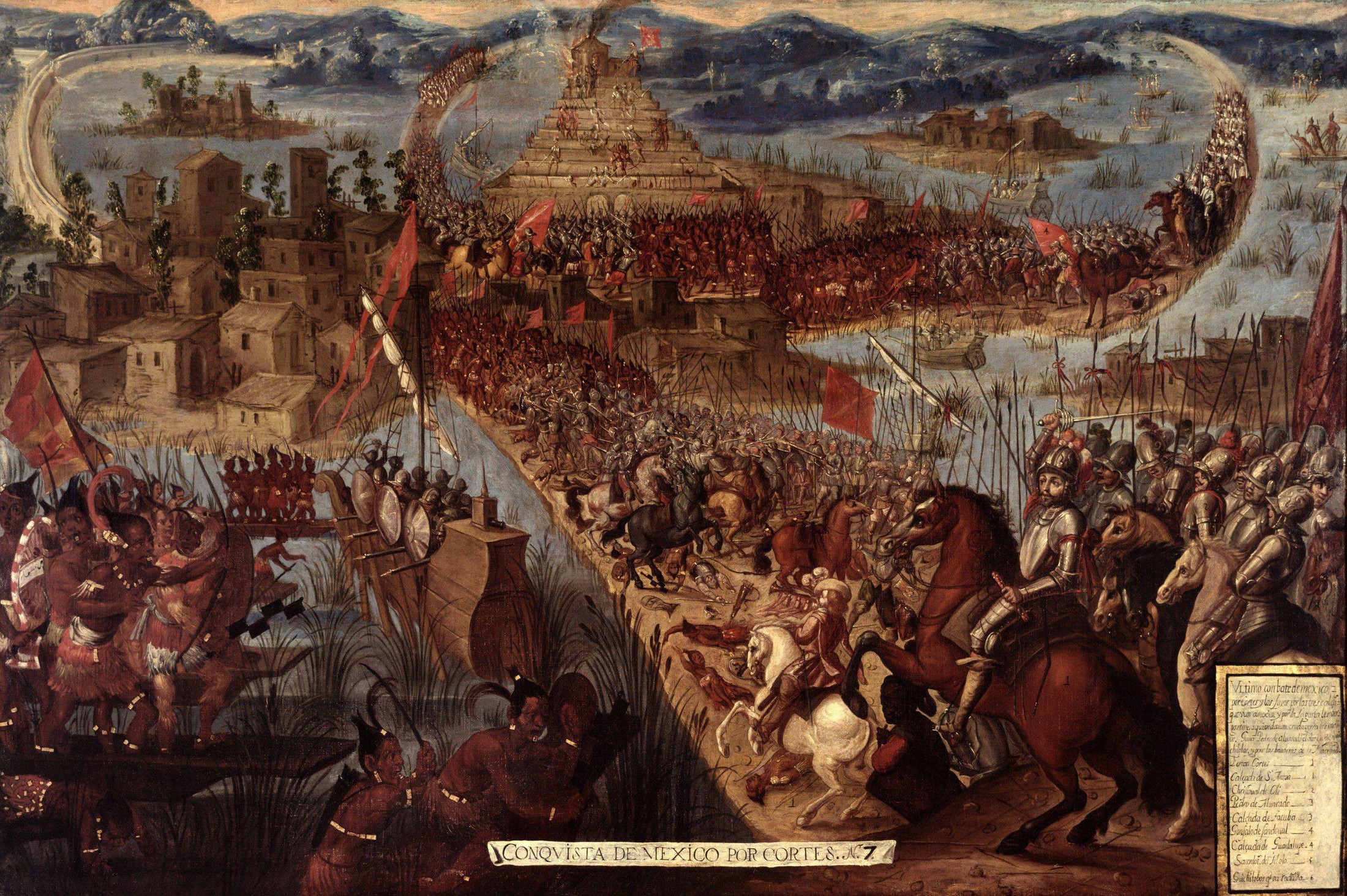 Seventeenth-century Mexican painting of the siege of Tenochtitlan, with causeways, lake, combatants and boats.