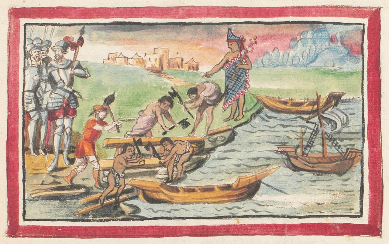 Late-sixteenth-century color manuscript scene of Indigenous carpenters shaping a brigantine near the water, with Spanish soldiers at left.