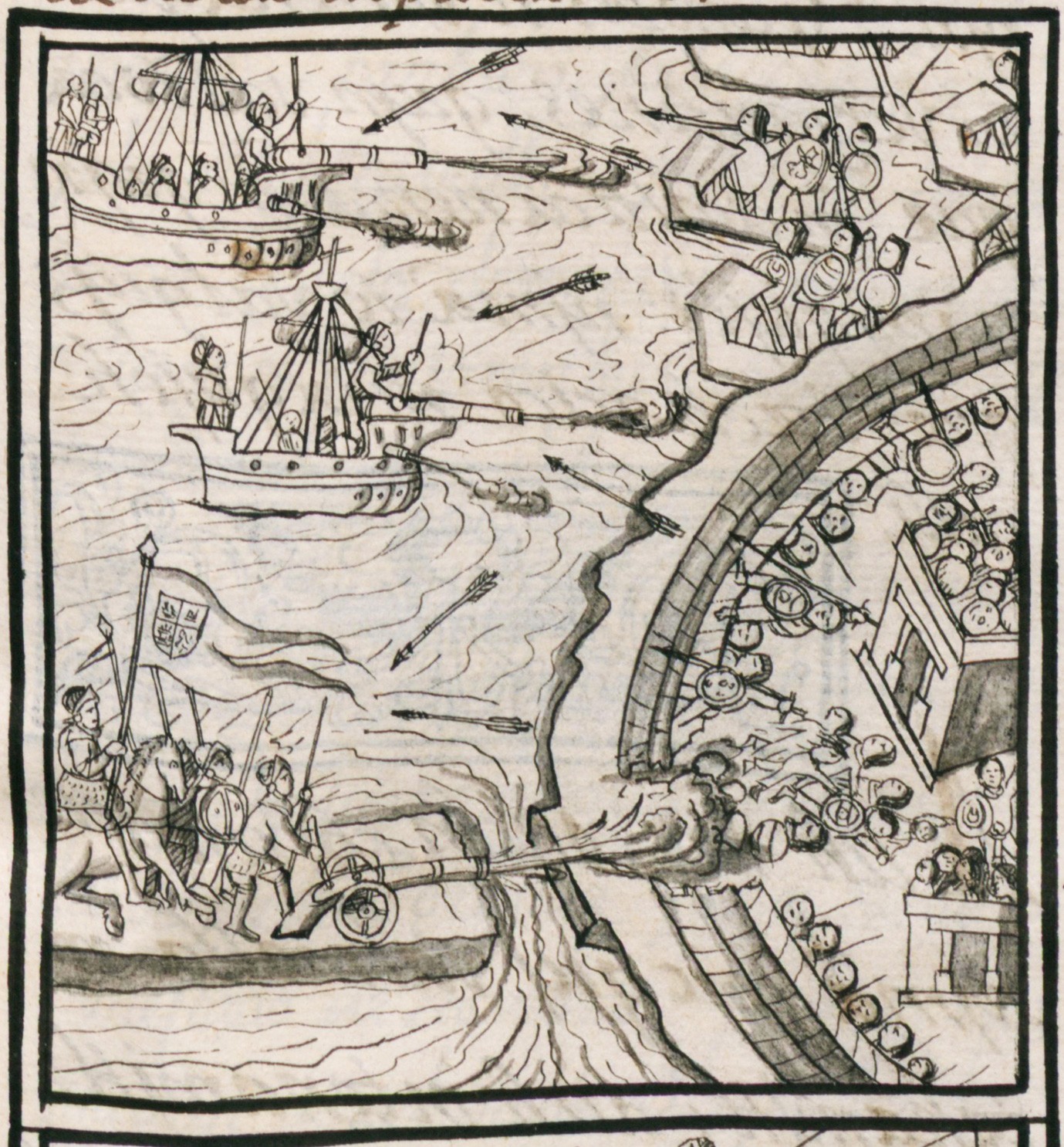 Late-sixteenth-century drawing in the Florentine Codex showing Spanish brigantines attacking Mexica defenders during the siege.
