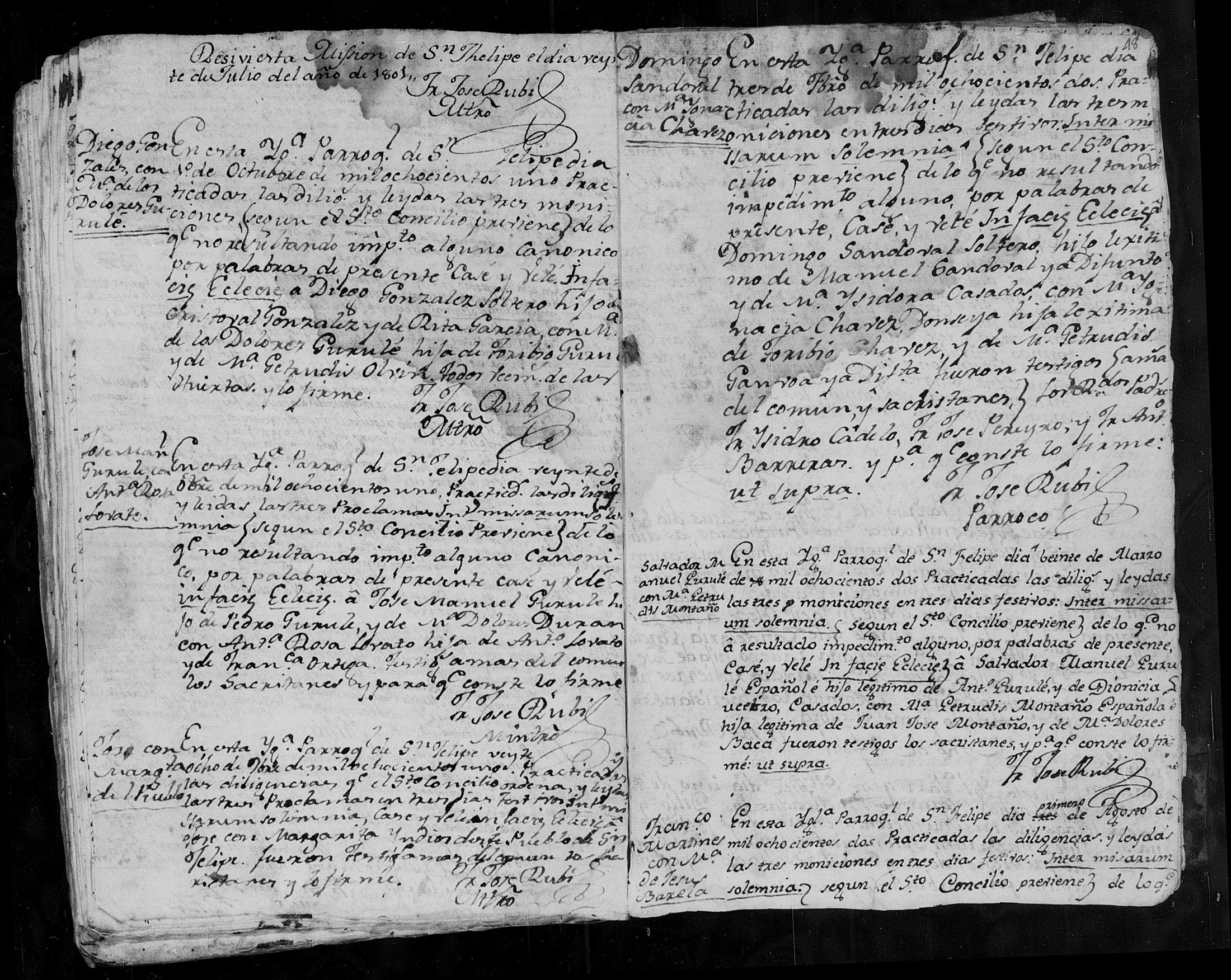 San Felipe marriage register, 20 March 1802, right-page middle entry: both spouses and both sets of parents. This is the ceremony record, additional to the already displayed matrimonial investigation.