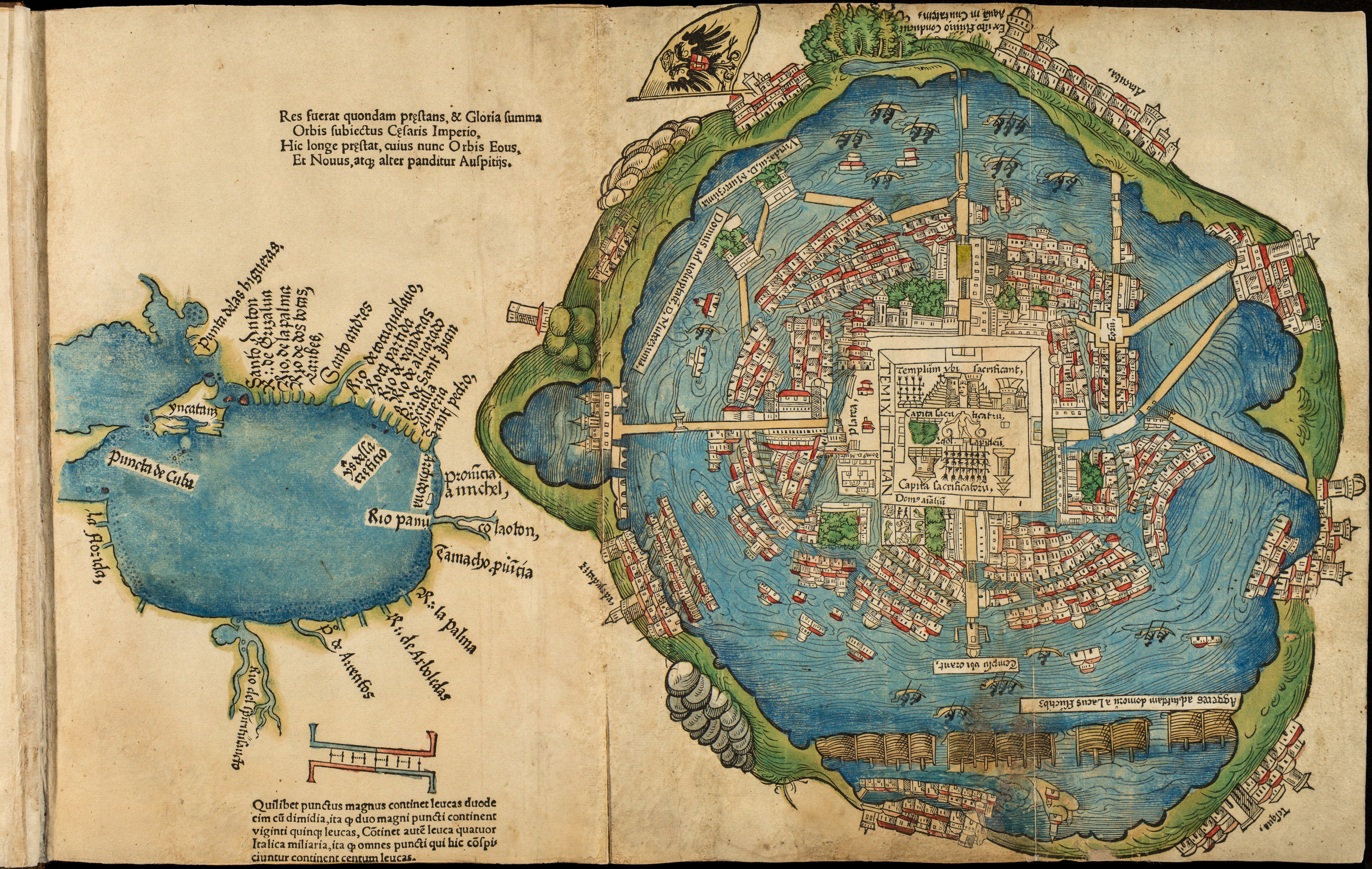 Tenochtitlan and the Gulf of Mexico, 1524. Hand-colored woodcut published with the Nuremberg Latin edition of Hernán Cortés’s account. Newberry Library copy.